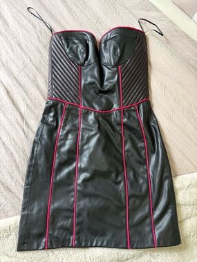 Zara Black Faux Leather Strapless Mini Dress with Pink Piping